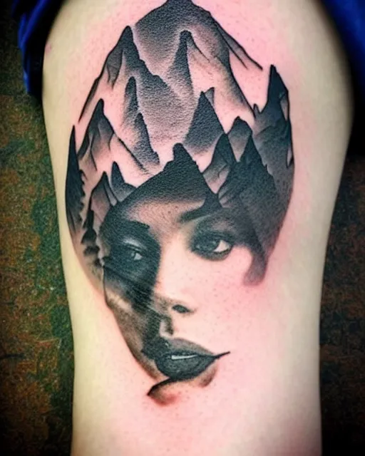 Prompt: a beautiful woman face with beautiful mountain scenery creative double exposure effect, medium sized tattoo sketch, amazing detail, trending on pinterest, in the style of brandon kidwell