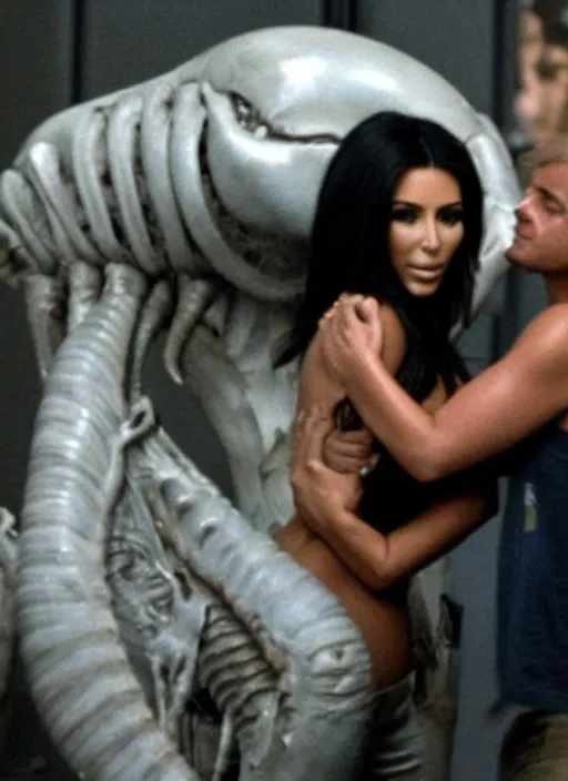 Image similar to film still of kim kardashian hugging an xenomorph in Alien.