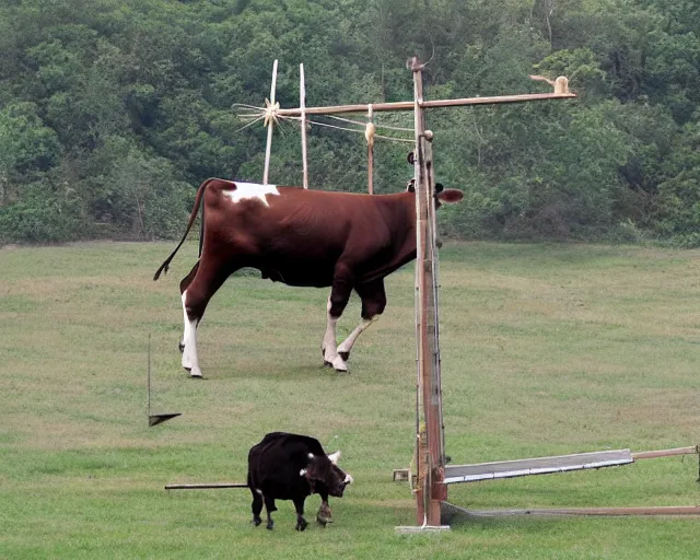 Image similar to A cow getting launched from a trebuchet