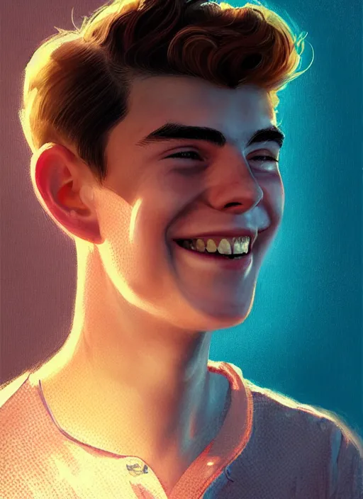 Image similar to portrait of teenage archie andrews, freckles, curly middle part haircut, curly hair, smiling kindly, friendly, 1 9 5 0 s, intricate, elegant, glowing lights, highly detailed, digital painting, artstation, concept art, smooth, sharp focus, illustration, art by wlop, mars ravelo and greg rutkowski