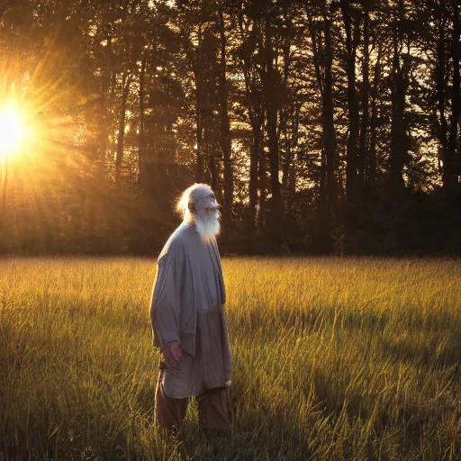 Prompt: old prophet wandering about a meadow. golden hour. warm lighting. beams of sunlight. iso 1 0 0
