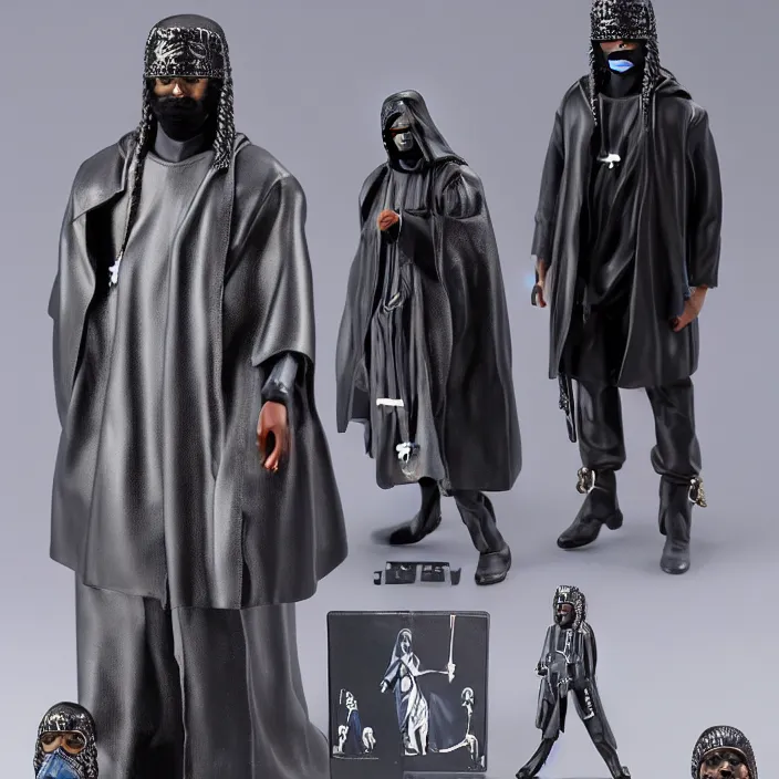 Image similar to a hot toys figure of kanye west using a black religious - themed face - covering mask with jesus graphics designed by pierre - louis auvray made of cloth, a black shirt, a blue puff undersized round jacket and black rubber boots, figurine, detailed product photo