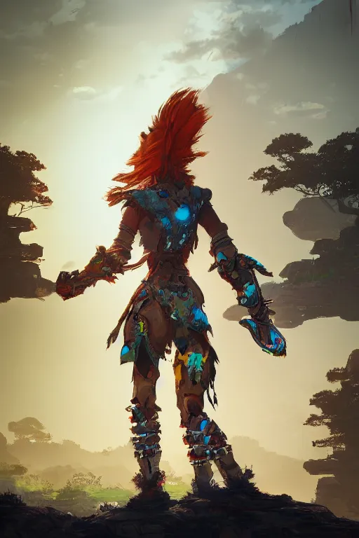 Image similar to combination suit armor aloy horizon forbidden west horizon zero dawn radiating a glowing aura global illumination ray tracing hdr fanart arstation by ian pesty and alena aenami artworks in 4 k tribal robot ninja mask helmet backpack