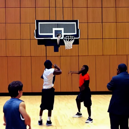 Prompt: playing basketball in a courtroom