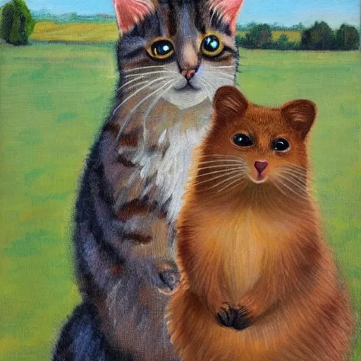 Prompt: portrait painting of cat and quokka in the style of american gothic
