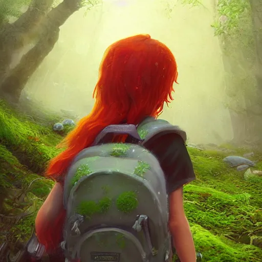 Image similar to detailed painterly portrait of a red - haired explorer girl kid with a backpack and a map, in the deep tangled, mossy, misty forest, lit by sunbeams, by loish, unreal 5