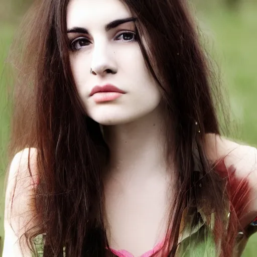 Prompt: photo of an atractive cool alternative bosnian woman in her early 20s. beautiful face. She has dark brown hair, dark thick eyebrows, brown eyes and shoulder long hair.