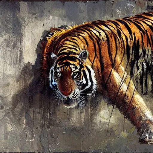 Image similar to crocodile morphed with tiger, highly detailed jeremy mann painting