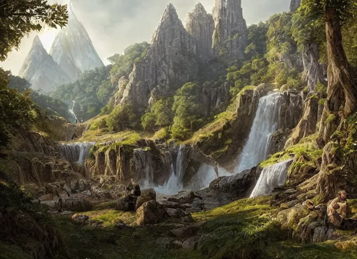 Prompt: medieval adventurers in the shire scenery landscape, lord of the rings, enormous waterfall ruins, rule of thirds, highly detailed, perfect lighting, perfect composition, 4 k, artgerm, derek zabrocki, greg rutkowski