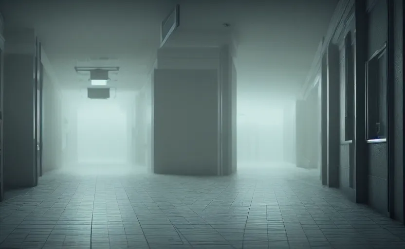 Prompt: hspital hallway, gloomy and foggy atmosphere, octane render, artstation trending, horror scene, highly detailded