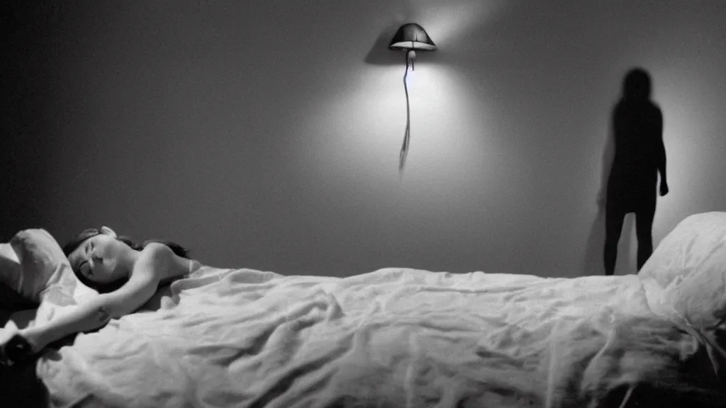 Image similar to movie still of girl having sleep paralysis a shadow watching, cinematic composition, cinematic light, criterion collection, by david lynch