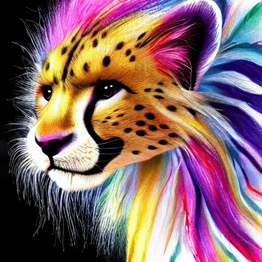 Image similar to cute fluffy cheetah cat mixed creature with long colorful flowing lion mane with mohawk hairstyle hybrid animal detailed painting 4 k