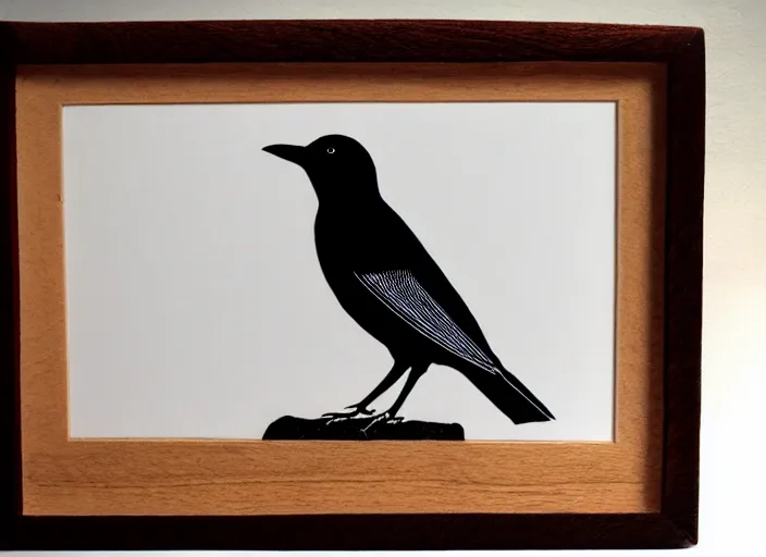 Image similar to a beautiful Wood engraving on paper of a Blackbird, framed with a white border