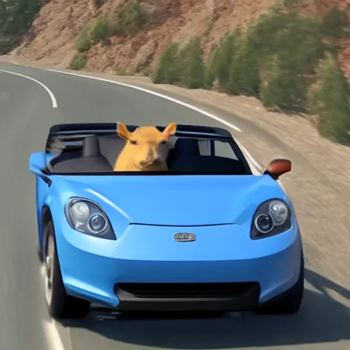 Prompt: A capybara driving a blue convertible sports car at high speeds, photorealistic, 8k