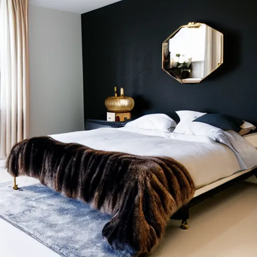 Prompt: a large bed made by Turri with an aqua headboard. Behind the bed is a wall covered with gold tile and copper mirror. The floor is black tiles. A fur throw is on the bed. Warm lighting.