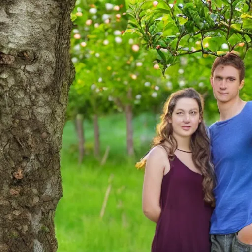 Prompt: a young couple stands by apple tree. there is a very large silver key. fine detail. realistic. fireflies. full moon. colourful