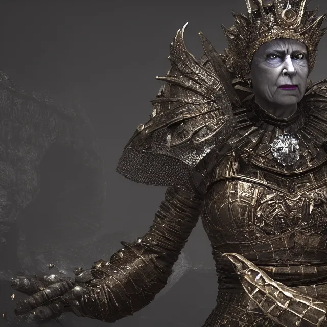 Image similar to queen elizabeth reimagined as a boss in dark souls, dark cinematic, volumetric, realistic, 3 d render, cinematic lighting, ray tracing, cinematic, unreal engine 5, unreal engine render, octane render, hyper realistic, photo, 8 k