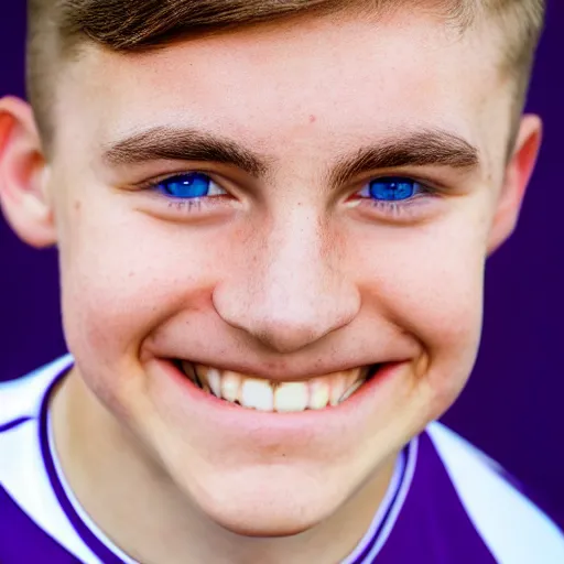 Prompt: photographic portrait of a young white male smiling with short brown hair that sticks up in the front, blue eyes, groomed eyebrows, tapered hairline, sharp jawline, wearing a purple white volleyball jersey, sigma 85mm f/1.4, 15mm, 35mm, 4k, high resolution, 4k, 8k, hd, full color