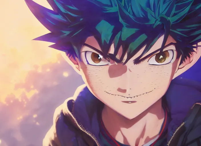 Image similar to highly detailed portrait of yugi moto, in my hero academia, stephen bliss, 8 k, unreal engine, fantasy art by greg rutkowski, loish, rhads, ferdinand knab, makoto shinkai and lois van baarle, ilya kuvshinov, rossdraws, tom bagshaw, global illumination, radiant light, detailed and intricate environment