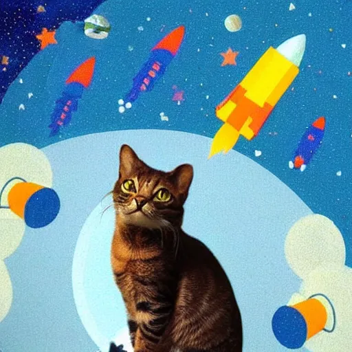 Image similar to a cat on a rocket in outerspace going to mars