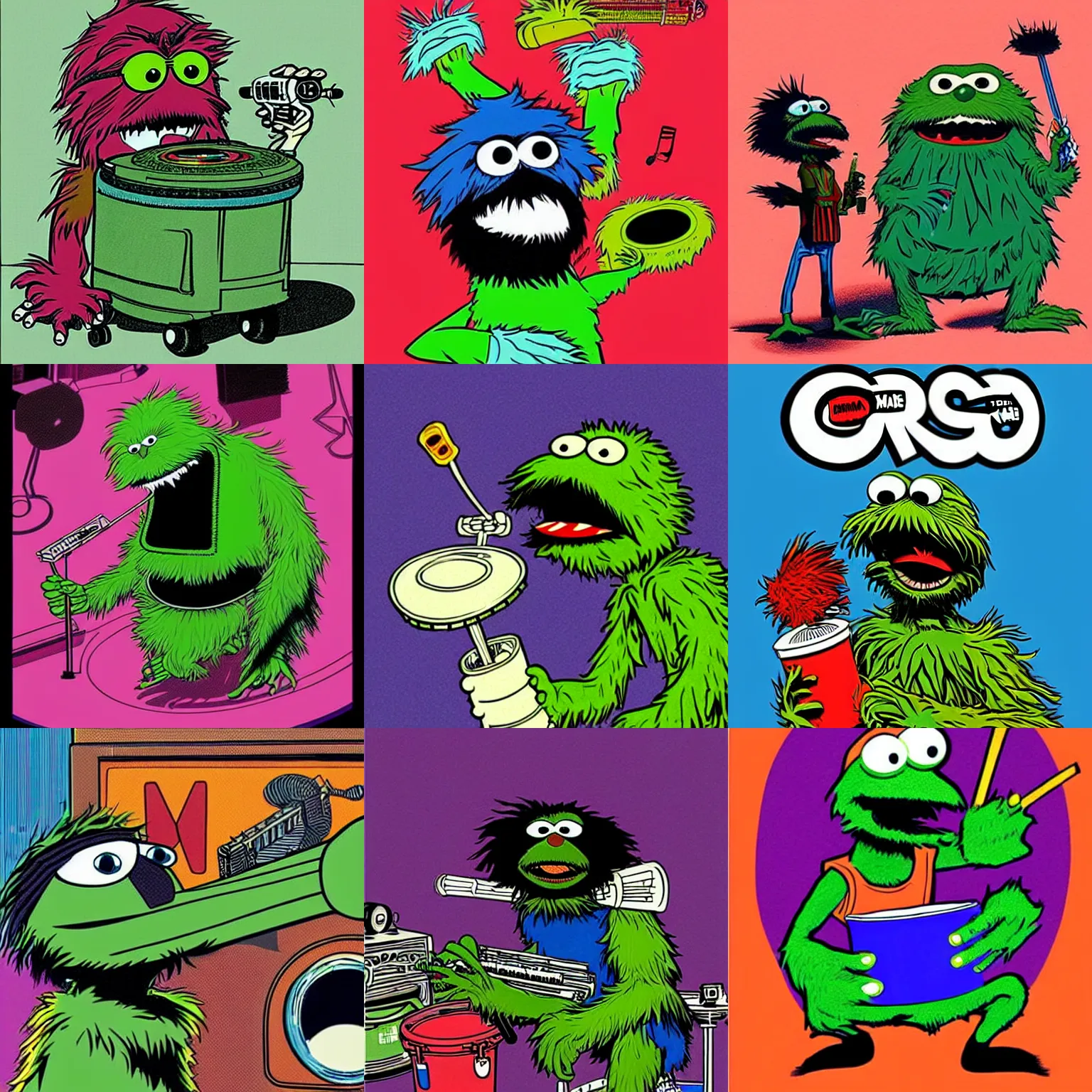Prompt: oscar the grouch illustrated by jamie hewlett making music with the gorillaz, very detailed, colorful, crazy