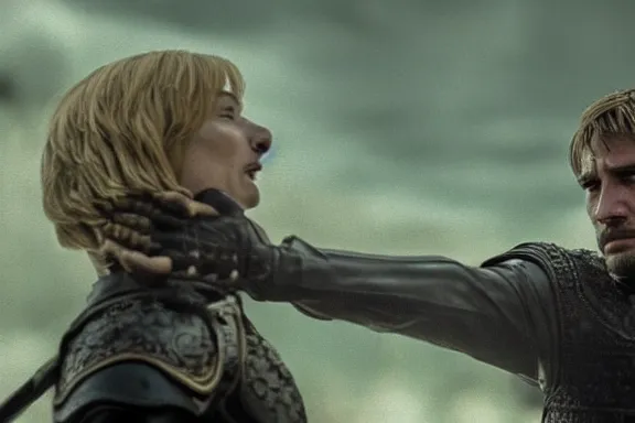 Image similar to very very intricate photorealistic photo of jaime lannister killing cersei, photo is in focus with detailed atmospheric lighting, award - winning details