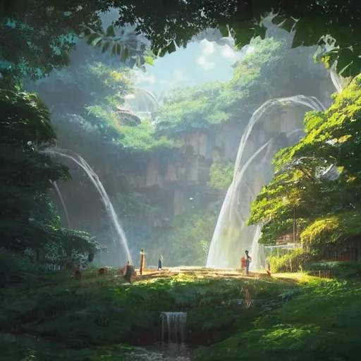 Prompt: geodesic dome with gardens and waterfall, gapmoe kuudere moody lighting stunning bokeh highlights sharp contrast | trending pixiv fanbox | by greg rutkowski makoto shinkai takashi takeuchi studio ghibli