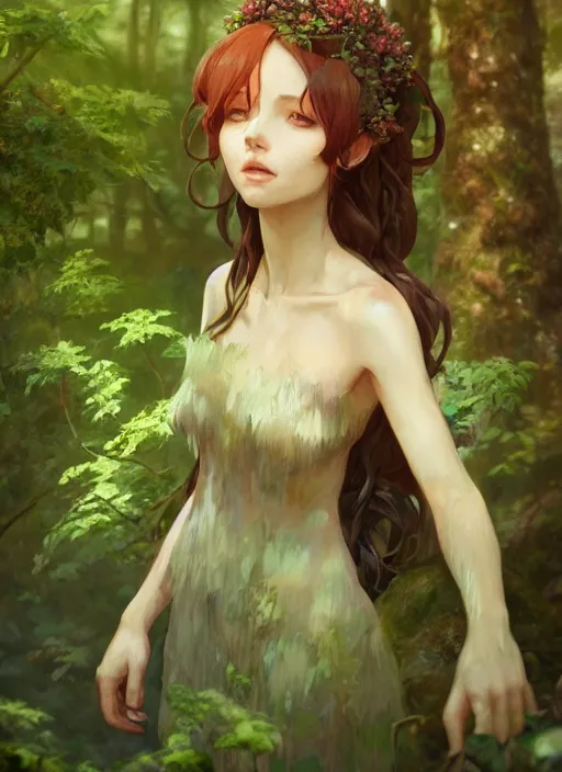 Image similar to a portrait a dryad in a forest, intricate, tone mapped, ambient lighting, highly detailed, digital painting, artstation, concept art, sharp focus, by makoto shinkai and akihiko yoshida and hidari and wlop