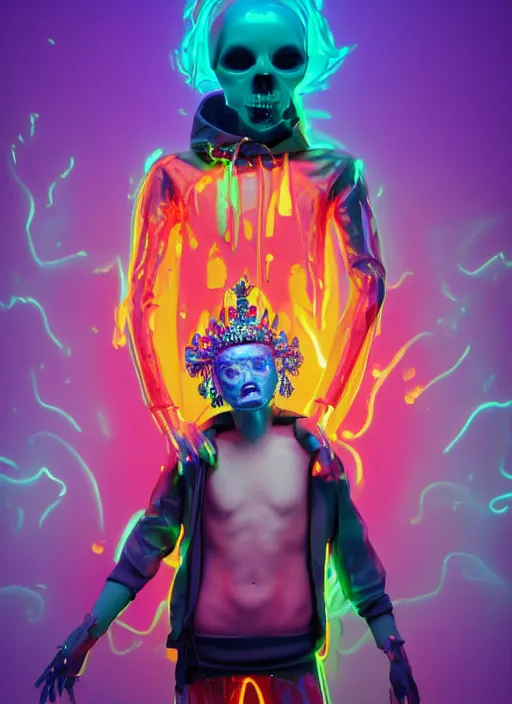 Prompt: photo of fullbodied baroque and bladerunner neon drippy tar sculpture of seductive ceramic albino ceramic prince anwar hadid dotado lavendar iridescent humanoid deity wearing orange plastic fluffy hoody holding diamond skull in a blue alien dungeon, reclining, glowing rainbow face, crown of white diamonds, cinematic lighting, photorealistic, octane render 8 k depth of field 3 d