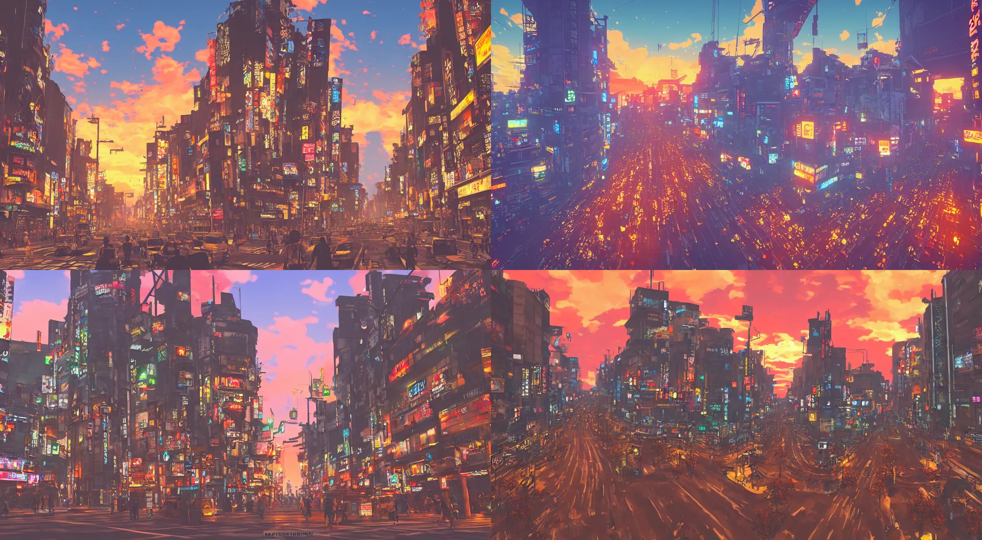 Prompt: the streets of Shibuya in the style of BOTW, nostalgic, sunset, orange haze, atmospheric, highly-detailed