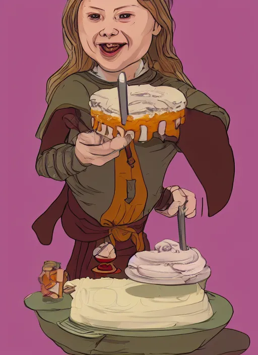 Image similar to greta thunberg as a medieval goblin eating cakes. detailed digital art, trending on Artstation