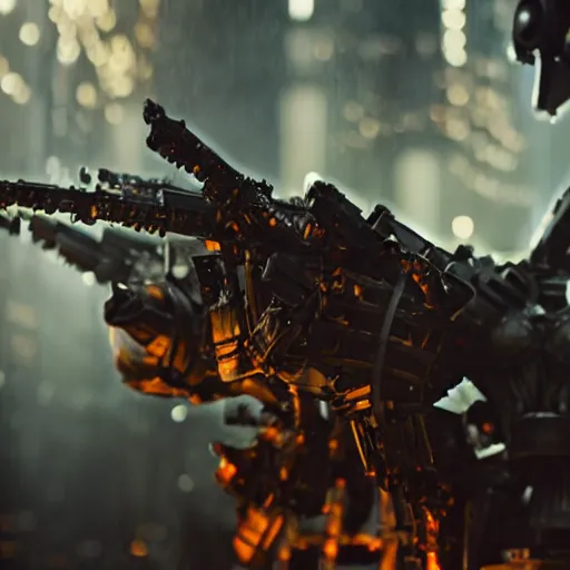 Image similar to closeup of mecha with surface of cutlery, dark messy smoke - filled cluttered workshop, dark, dramatic lighting, orange tint, cinematic, highly detailed, sci - fi, futuristic, movie still from blade runner