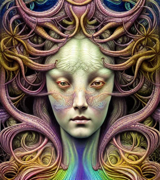 Prompt: detailed realistic beautiful rainbow goddess face portrait by jean delville, gustave dore, iris van herpen and marco mazzoni, art forms of nature by ernst haeckel, art nouveau, symbolist, visionary, gothic, neo - gothic, pre - raphaelite, fractal lace, intricate alien botanicals, biodiversity, surreality, hyperdetailed ultrasharp octane render