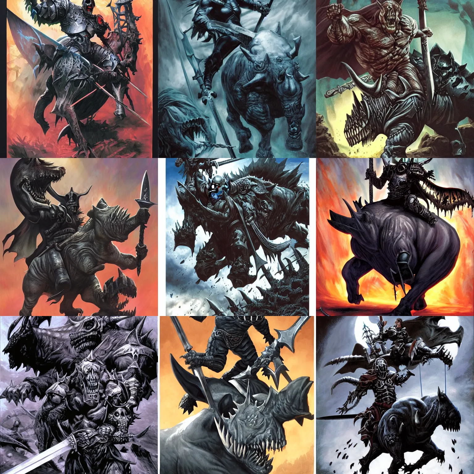 Prompt: a death knight riding an undead rhinoceros while swinging a blackened serrated great sword by. Alex Ross