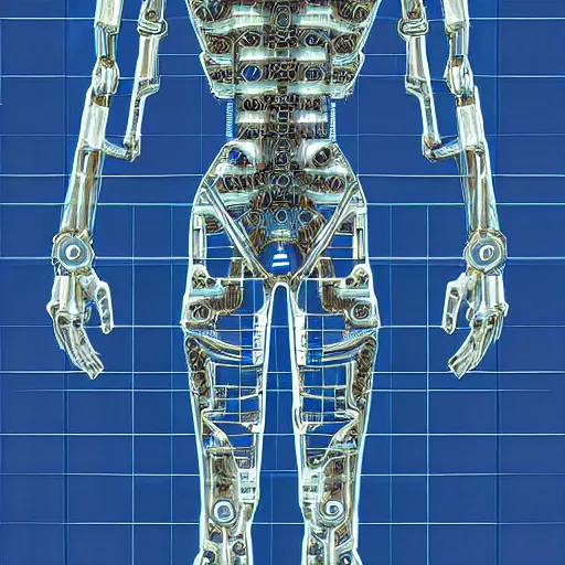 Prompt: T-posing image of a cybernetically augmented human male, pencil, technical drawing, blueprints, Digital art, detailed