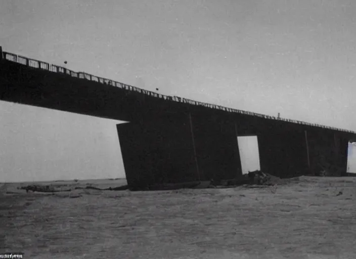 Image similar to grainy futuristic photo of the remains of an enormous destroyed freeway bridge on the new york coast after the apocalypse ; the bridge leads into the wide ocean