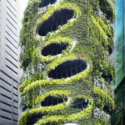 Image similar to highly detailed futuristic modern buildings with plants growing all over