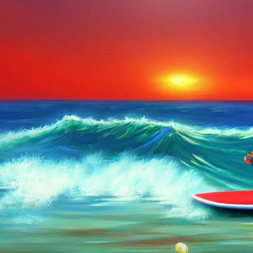 Image similar to red robot surfing the wave, island in the background, oil painting, tropical style, 3 d digital art