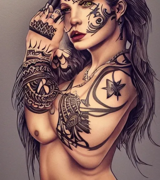 Image similar to tattoo design on white background of a beautiful girl warrior, hyper realistic, amazing detail, inspired by eliot kohek