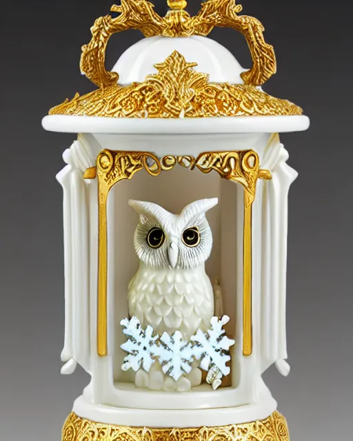 Image similar to royal ornate snow white porcelain realistic detailed owl sanctuary stronghold fortess with golden filigree carved out of ivory