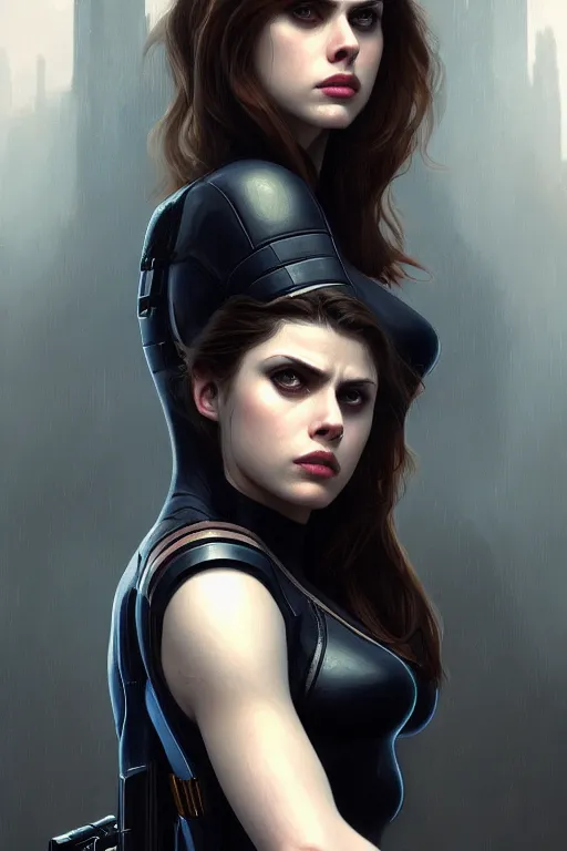 Image similar to alexandra daddario as black widow, realistic portrait, symmetrical, highly detailed, digital painting, artstation, concept art, smooth, sharp focus, illustration, cinematic lighting, art by artgerm and greg rutkowski and alphonse mucha