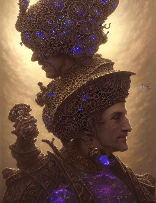 Image similar to front shot of a court jester character, hyperdimensional, bioluminescent hypercubes, ((intricate)), elegant, highly detailed, centered, (((artstation, concept art, smooth, sharp focus, artgerm, Tomasz Alen Kopera, Peter Mohrbacher, donato giancola, Joseph Christian Leyendecker, WLOP, Boris Vallejo))), mugshot!!!!!, ugly!!!!!!, octane render, nvidia raytracing demo, grainy, muted, 8K, digitalblasphemy