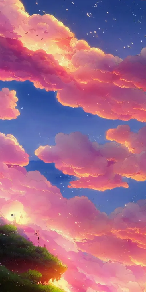 Prompt: A beautiful illustration of beautiful burning cloud in the evening sky, breathtaking clouds, The cloud is ethereal and mystical, and it seems to be glowing from within, buildings, trees, birds, wide angle, by makoto shinkai, Wu daozi, very detailed, deviantart, 8k vertical wallpaper, tropical, colorful, airy, anime illustration, anime nature wallpap