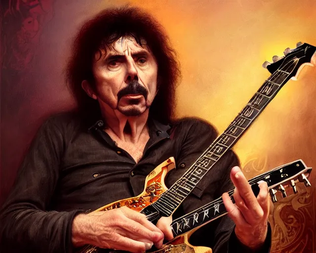 Image similar to photography of tony iommi playing a guitar at a tavern concert, 8 k, deep focus, d & d, fantasy, intricate, elegant, highly detailed, digital painting, artstation, concept art, matte, sharp focus, illustration, hearthstone, art by artgerm and greg rutkowski and alphonse mucha