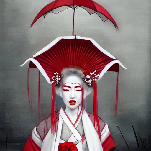 Image similar to A stunning painting of a beautiful albino geisha , red and white by Andrews Esao, fantasy, Trending on artstation.