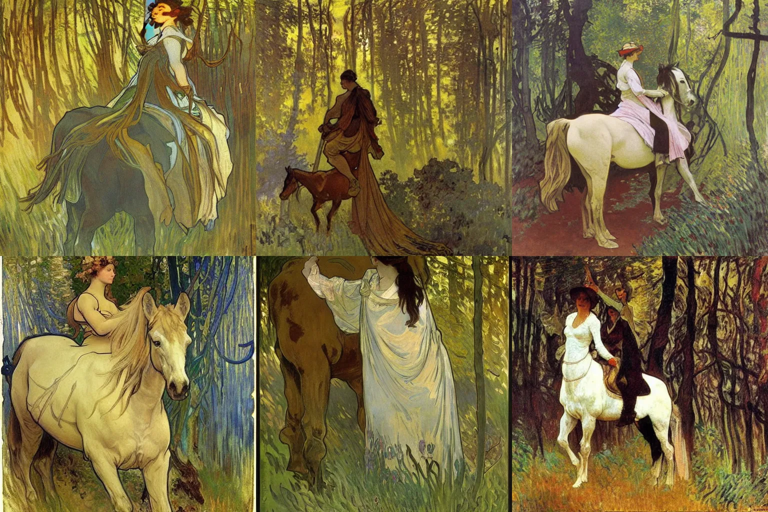 Prompt: Peinture à l'huile, d'un cheval mystique dans une forêt verdoyante, par Monet et Alphonse Mucha.