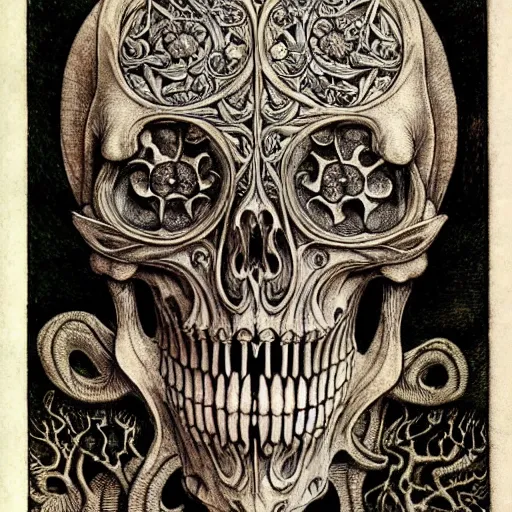 Image similar to memento mori by arthur rackham, art forms of nature by ernst haeckel, exquisitely detailed, art nouveau, gothic, ornately carved beautiful skull dominant, intricately carved antique bone, art nouveau botanicals, ornamental bone carvings, art forms of nature by ernst haeckel, horizontal symmetry, arthur rackham, ernst haeckel, symbolist, visionary