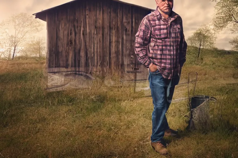 Prompt: a headshot portrait of a farmer, stood outside a wooden cabin, ultra realistic, dramatic lighting