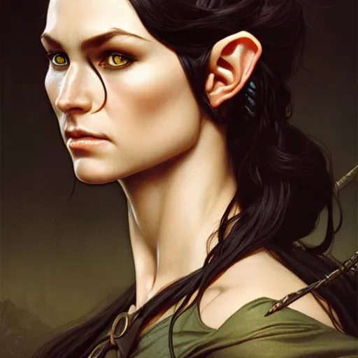 Image similar to portrait of a elven ranger, dark, piercing eyes, gentle expression, elegant clothing, photorealistic, highly detailed, artstation, smooth, sharp focus, art by michael whelan, artgerm, greg rutkowski and alphonse mucha