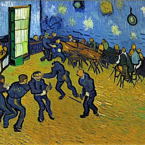 Prompt: people fighting at real estate auction, painting by van gogh